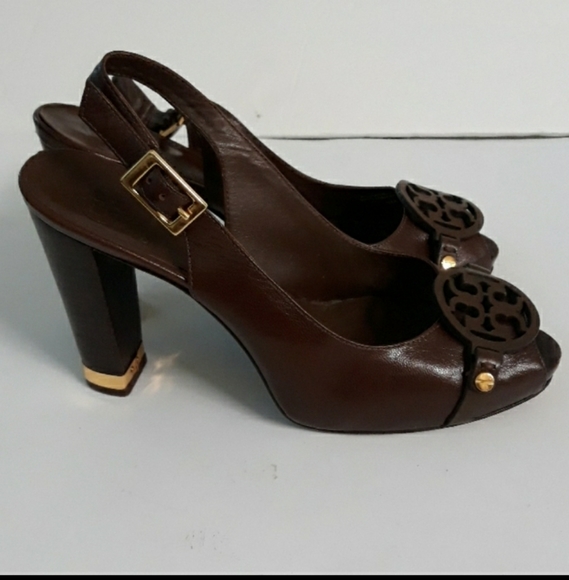Tory Burch Shoes - Tory Burch Brown Leather Slingback Peep toe Heels